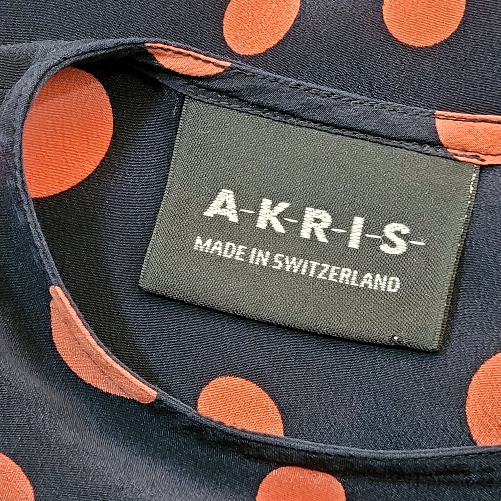 AKRIS Luxury Silk Crepe De Chine Button Back Navy Red Polka Dot Blouse Top 6 - Picture 6 of 12
